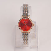 Two Tone Silver Chain Womans Watch Red Dial